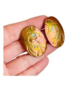 Vintage Copper & Brass with Abalone Shell Inlay Kokopelli Earrings